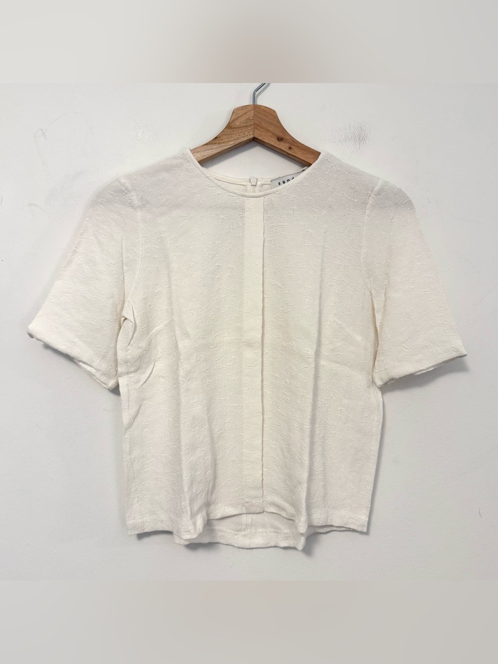 Sandro Paris Textured White Top Size 3 US Large Short Sleeve Back Zip Blouse